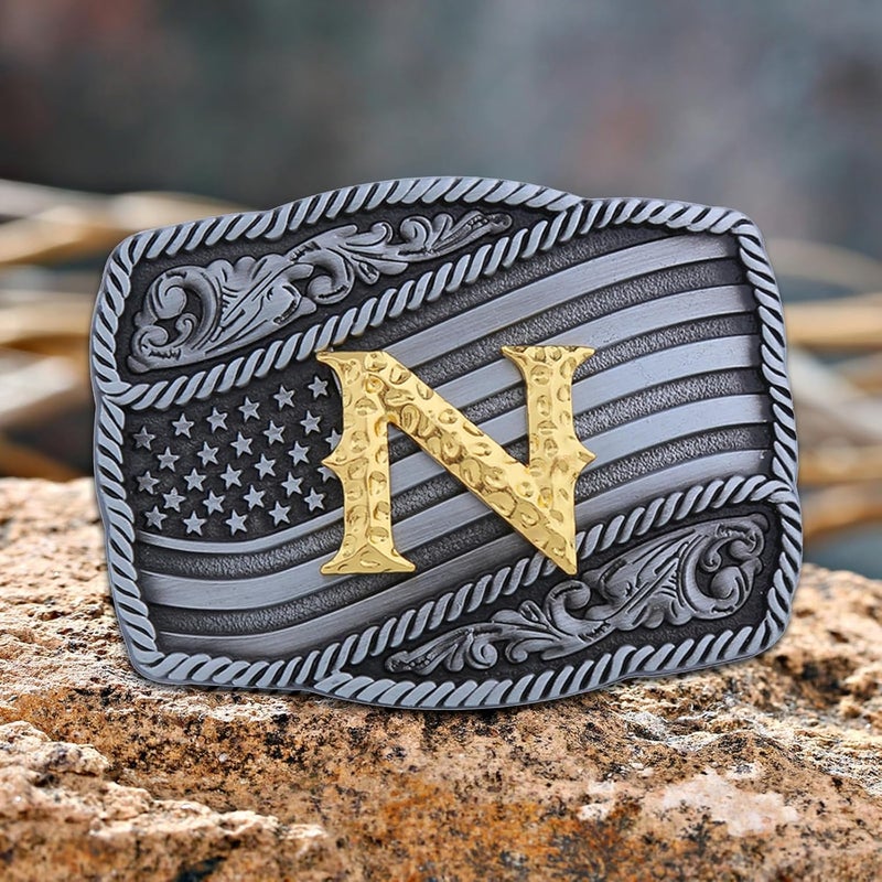 Fibbadet Store Western Cowboy Initial Letters A-Z American Flag Belt Buckle for Men Fathers Day Boyfriend Husband - Image 1